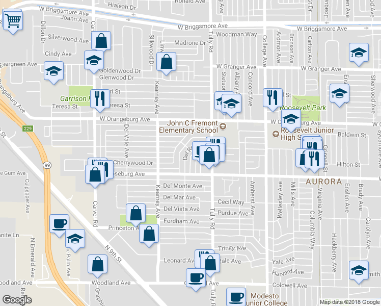 map of restaurants, bars, coffee shops, grocery stores, and more near 1320 Ashwood Drive in Modesto