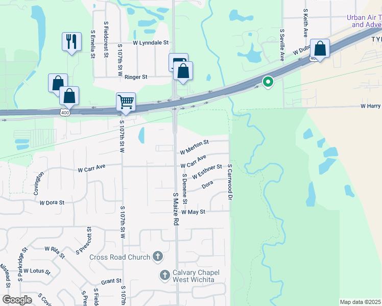 map of restaurants, bars, coffee shops, grocery stores, and more near 10311 West Merton Street in Wichita