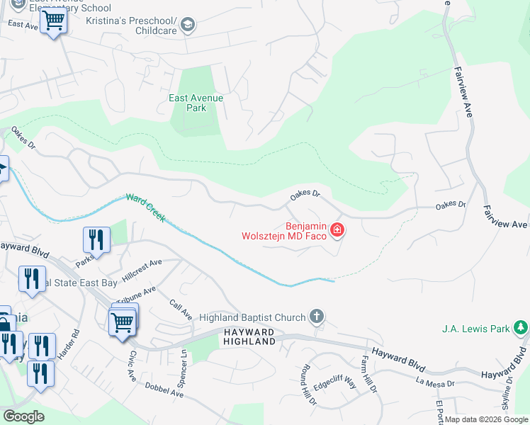 map of restaurants, bars, coffee shops, grocery stores, and more near 3595 Oakes Drive in Hayward