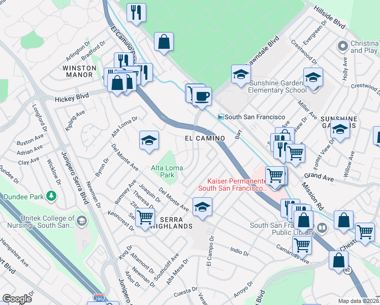 map of restaurants, bars, coffee shops, grocery stores, and more near 21 Amaryllis Court in South San Francisco