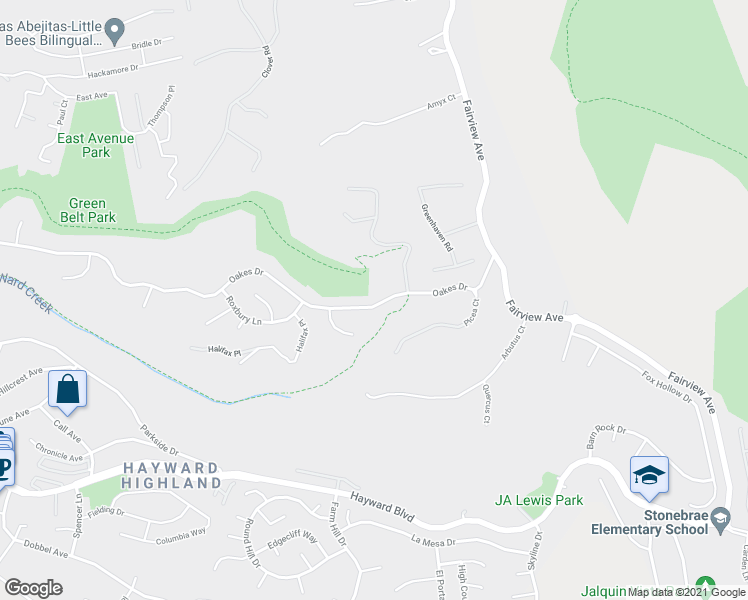 map of restaurants, bars, coffee shops, grocery stores, and more near 3844 Oakes Drive in Hayward