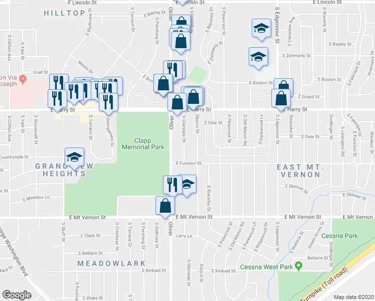 map of restaurants, bars, coffee shops, grocery stores, and more near 1708 South Glendale Street in Wichita