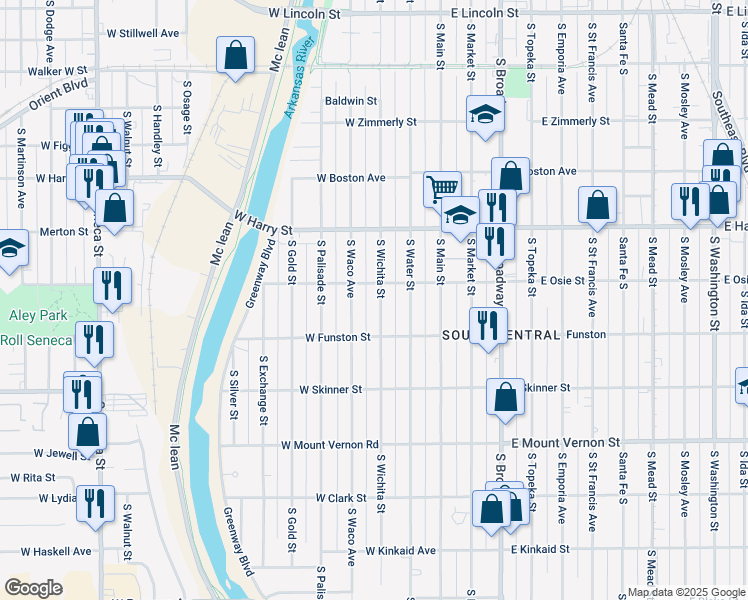 map of restaurants, bars, coffee shops, grocery stores, and more near 1719 South Wichita Street in Wichita