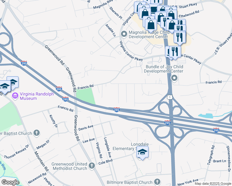 map of restaurants, bars, coffee shops, grocery stores, and more near 10020 Virginia Road in Glen Allen