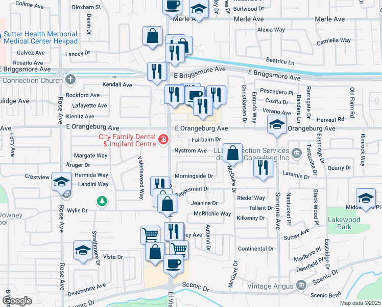 map of restaurants, bars, coffee shops, grocery stores, and more near 2230 Nystrom Avenue in Modesto