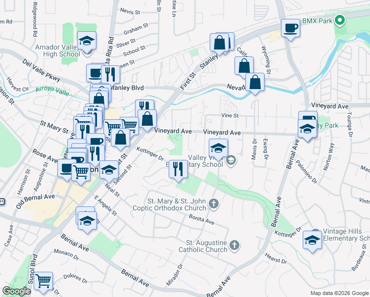 map of restaurants, bars, coffee shops, grocery stores, and more near 351 Christina Court in Pleasanton