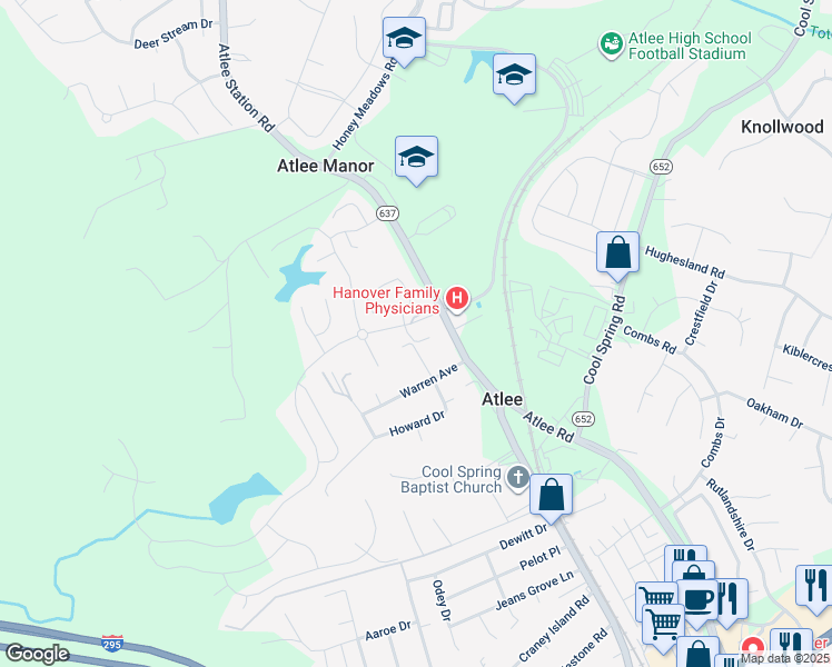 map of restaurants, bars, coffee shops, grocery stores, and more near 9212 Cremins Court in Mechanicsville