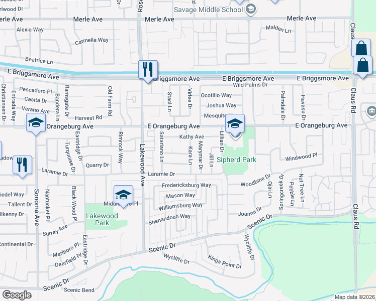 map of restaurants, bars, coffee shops, grocery stores, and more near 3049 Darlene Lane in Modesto