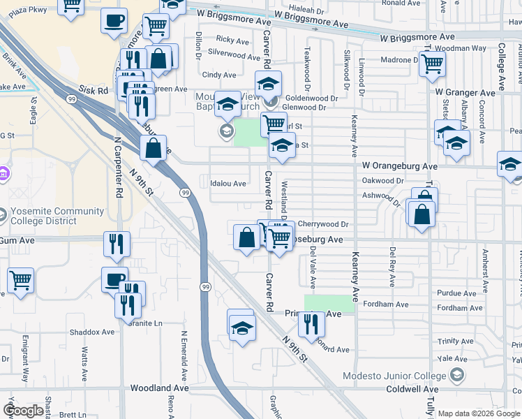 map of restaurants, bars, coffee shops, grocery stores, and more near 1732 Clayton Avenue in Modesto