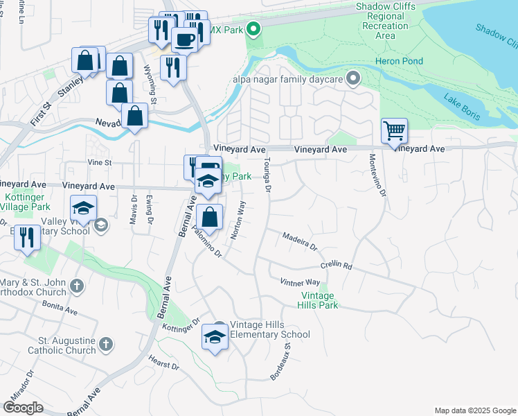 map of restaurants, bars, coffee shops, grocery stores, and more near 3307 Touriga Drive in Pleasanton
