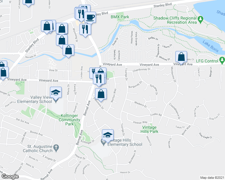 map of restaurants, bars, coffee shops, grocery stores, and more near 3399 Norton Way in Pleasanton