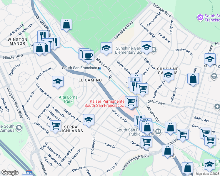 map of restaurants, bars, coffee shops, grocery stores, and more near 1383 El Camino Real in South San Francisco