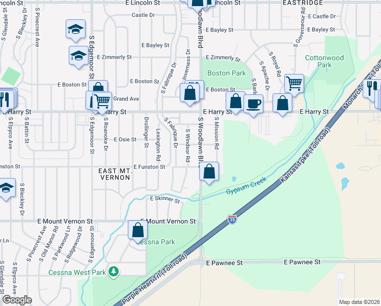 map of restaurants, bars, coffee shops, grocery stores, and more near 1714 Windsor Street in Wichita