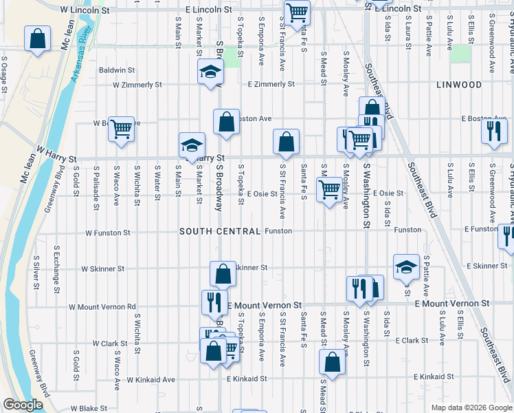 map of restaurants, bars, coffee shops, grocery stores, and more near 1715 South Emporia Avenue in Wichita