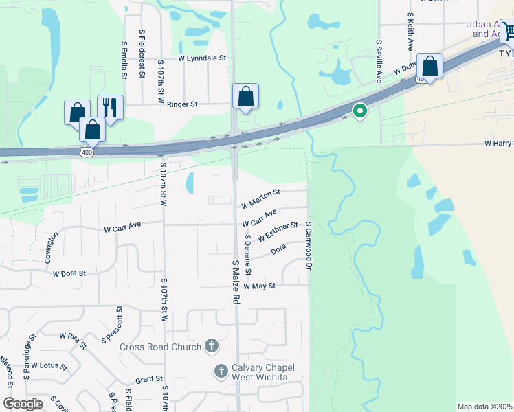 map of restaurants, bars, coffee shops, grocery stores, and more near 10311 West Merton Street in Wichita