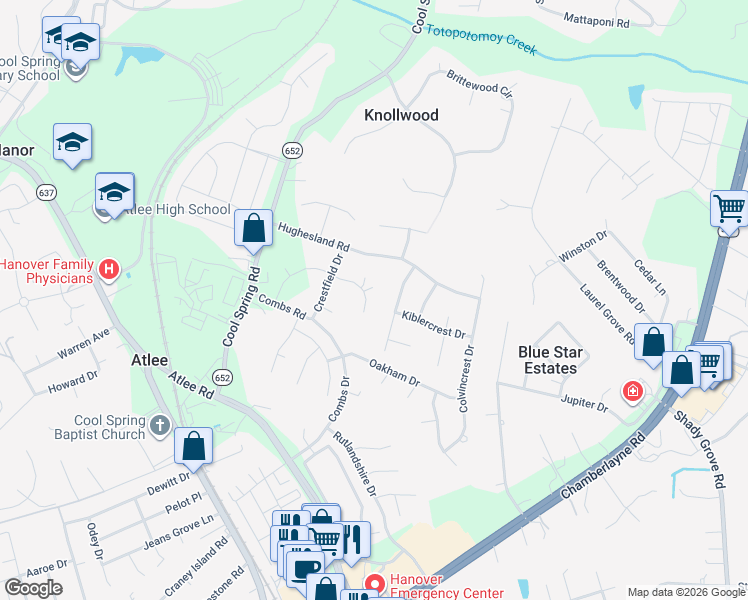 map of restaurants, bars, coffee shops, grocery stores, and more near 9357 Barnescrest Drive in Mechanicsville