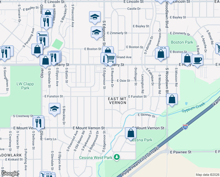 map of restaurants, bars, coffee shops, grocery stores, and more near 1725 Roanoke Street in Wichita