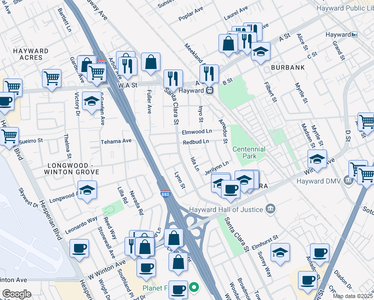 map of restaurants, bars, coffee shops, grocery stores, and more near 23047 Ida Lane in Hayward