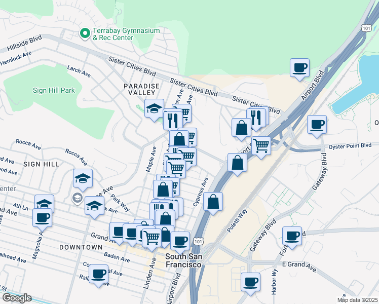 map of restaurants, bars, coffee shops, grocery stores, and more near 910 Linden Avenue in South San Francisco