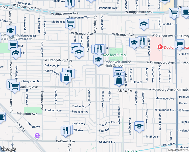 map of restaurants, bars, coffee shops, grocery stores, and more near 1102 Ulrich Avenue in Modesto