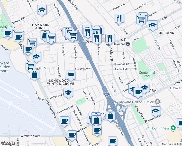 map of restaurants, bars, coffee shops, grocery stores, and more near 22723 Happyland Avenue in Hayward
