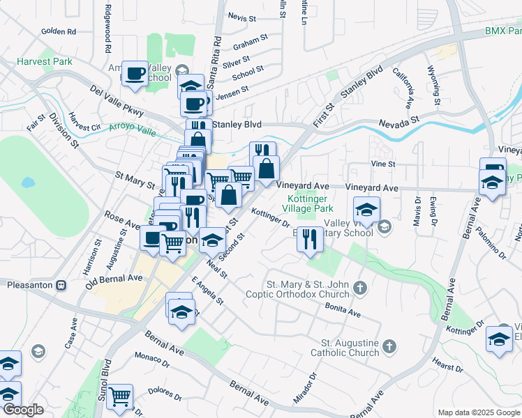 map of restaurants, bars, coffee shops, grocery stores, and more near 204 Kottinger Drive in Pleasanton