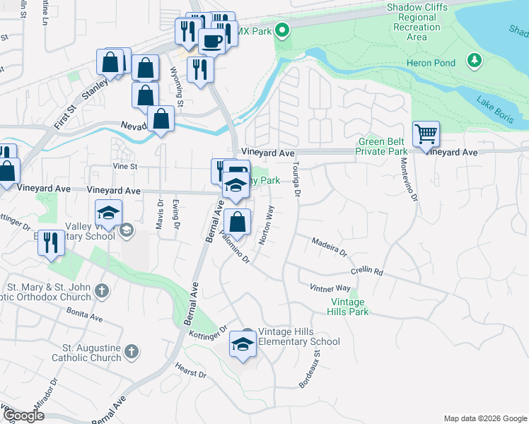 map of restaurants, bars, coffee shops, grocery stores, and more near 3399 Norton Way in Pleasanton