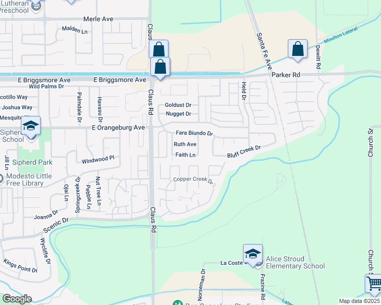 map of restaurants, bars, coffee shops, grocery stores, and more near 4125 Faith Lane in Modesto