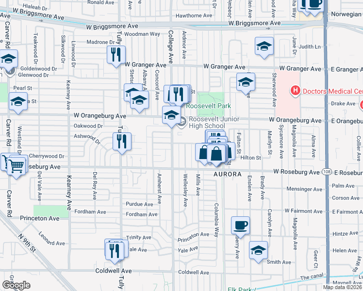 map of restaurants, bars, coffee shops, grocery stores, and more near 1030 Ulrich Avenue in Modesto