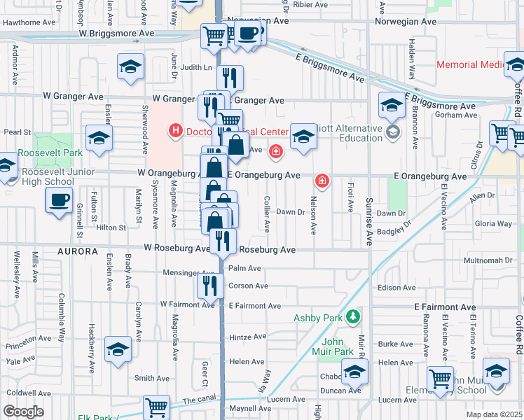 map of restaurants, bars, coffee shops, grocery stores, and more near 1305 Collier Ave in Modesto