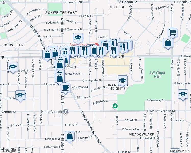 map of restaurants, bars, coffee shops, grocery stores, and more near 1756 South Yale Street in Wichita