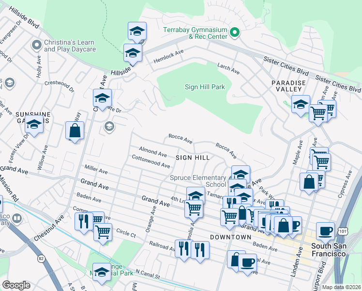 map of restaurants, bars, coffee shops, grocery stores, and more near 722 Park Way in South San Francisco