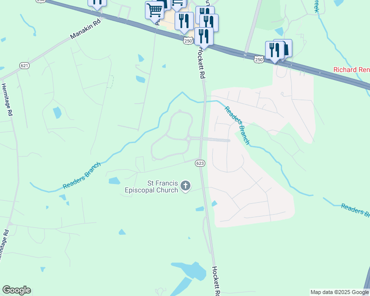 map of restaurants, bars, coffee shops, grocery stores, and more near 1696 Centerville Parke Lane in Manakin-Sabot