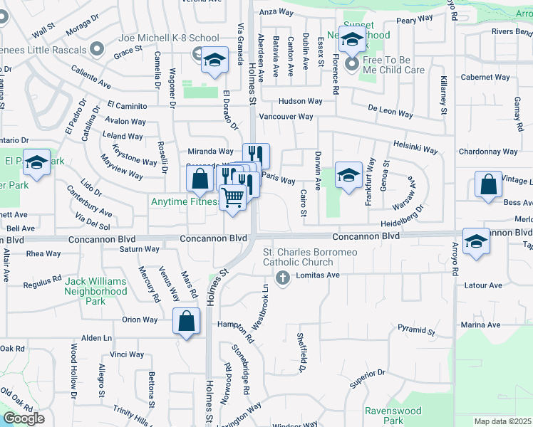 map of restaurants, bars, coffee shops, grocery stores, and more near 1412 Concannon Boulevard in Livermore