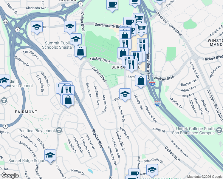 map of restaurants, bars, coffee shops, grocery stores, and more near 4496 Callan Boulevard in Daly City