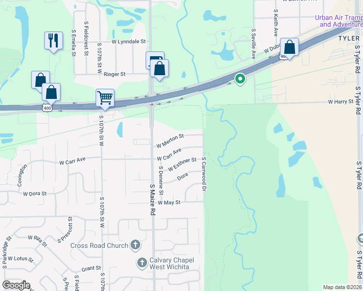 map of restaurants, bars, coffee shops, grocery stores, and more near 10124 West Carr Avenue in Wichita