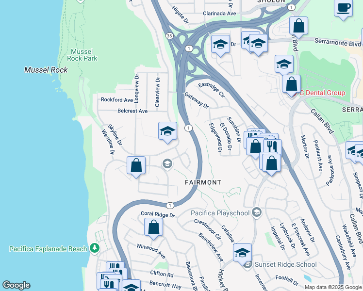 map of restaurants, bars, coffee shops, grocery stores, and more near 1189 Skyline Drive in Daly City