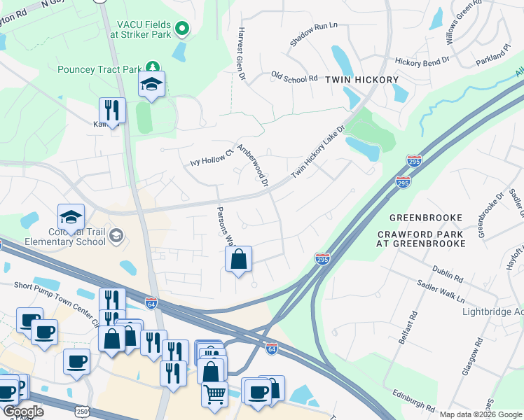 map of restaurants, bars, coffee shops, grocery stores, and more near 11808 Cobblers Stone Place in Glen Allen