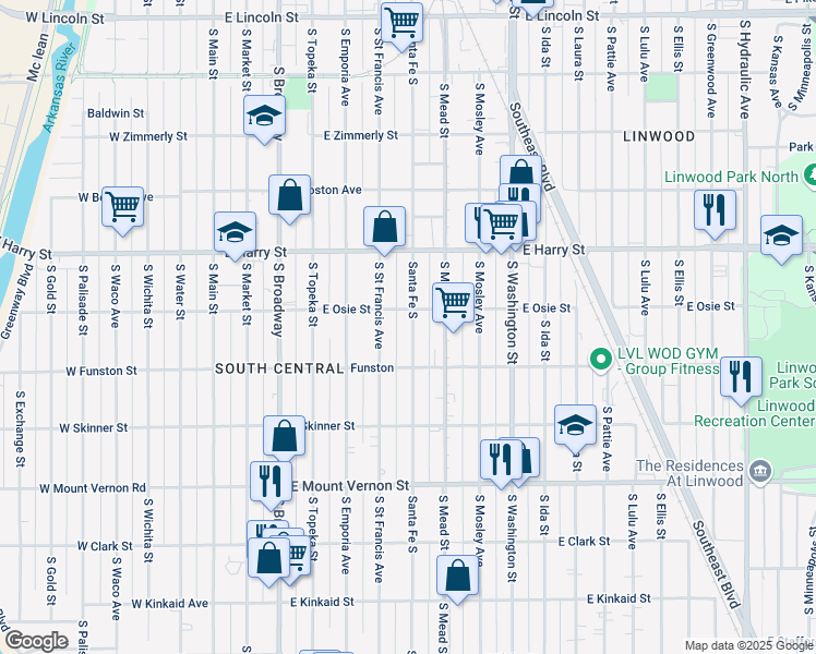 map of restaurants, bars, coffee shops, grocery stores, and more near 1715 Santa Fe South in Wichita