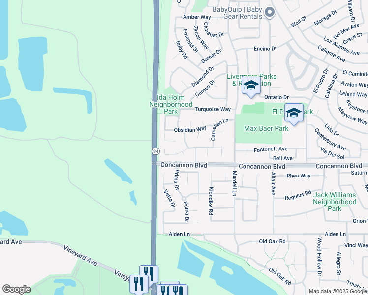 map of restaurants, bars, coffee shops, grocery stores, and more near 1699 Lodestone Road in Livermore