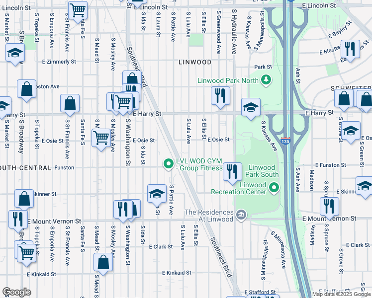map of restaurants, bars, coffee shops, grocery stores, and more near 1721 South Lulu Street in Wichita