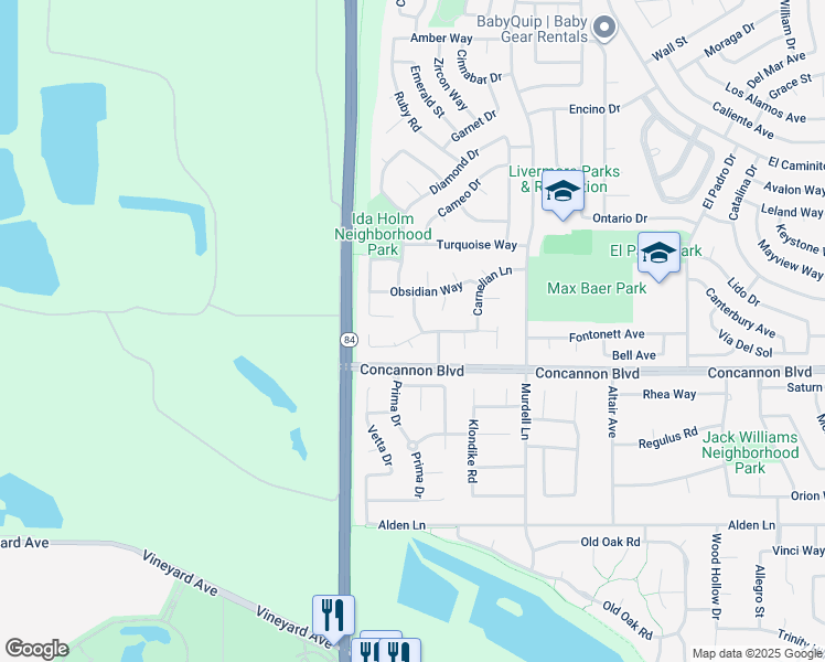 map of restaurants, bars, coffee shops, grocery stores, and more near 1699 Lodestone Road in Livermore