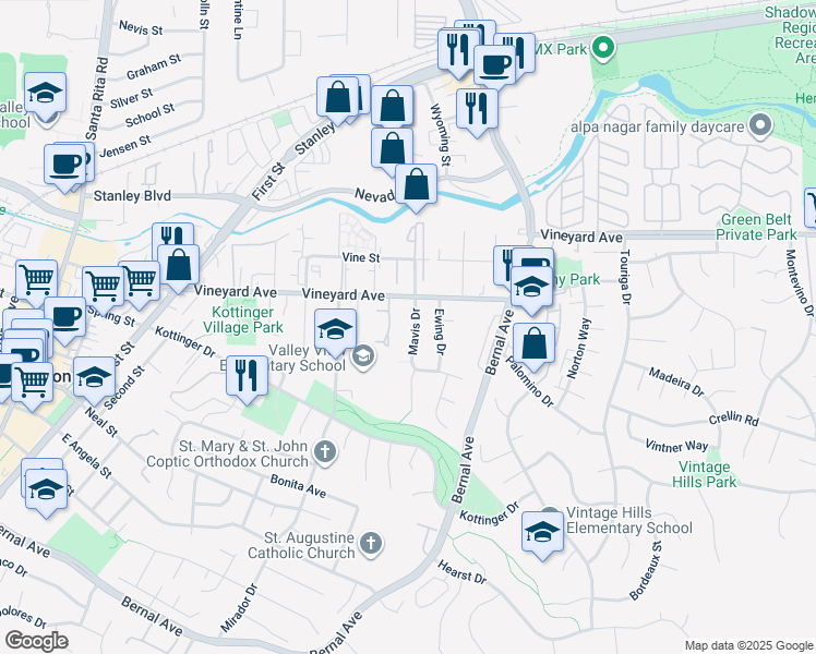 map of restaurants, bars, coffee shops, grocery stores, and more near 389 Mavis Drive in Pleasanton