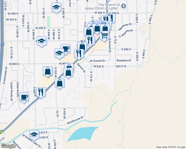 map of restaurants, bars, coffee shops, grocery stores, and more near 885 S 170 W in Cedar City
