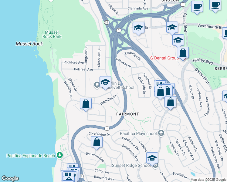 map of restaurants, bars, coffee shops, grocery stores, and more near 1189 Skyline Drive in Daly City