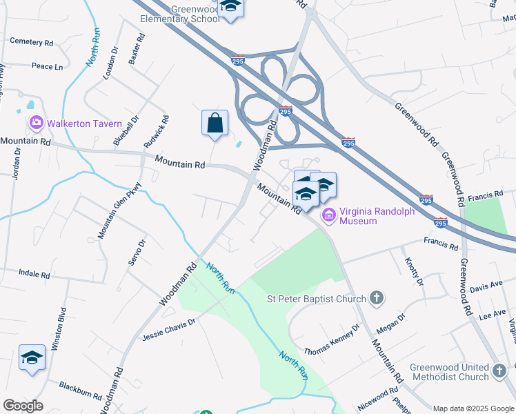 map of restaurants, bars, coffee shops, grocery stores, and more near 2021 Mountain Gate Lane in Glen Allen