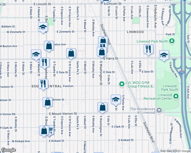 map of restaurants, bars, coffee shops, grocery stores, and more near 1718 South Mosley Street in Wichita