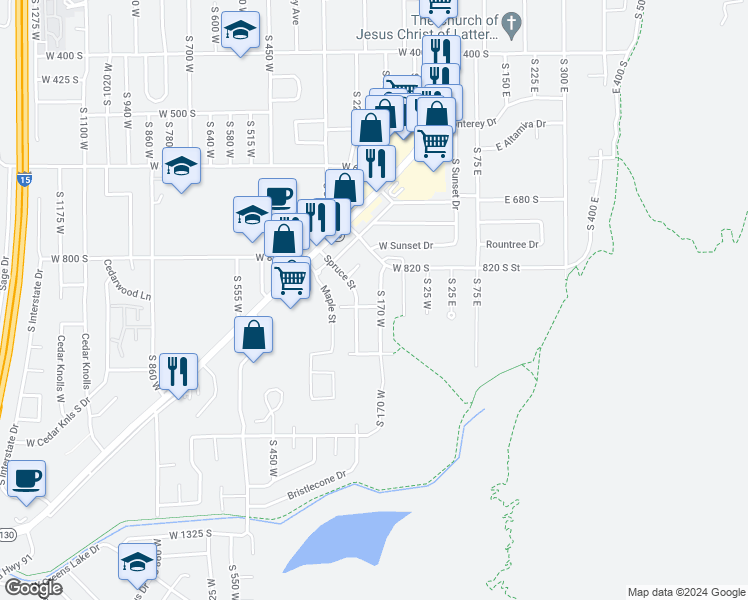 map of restaurants, bars, coffee shops, grocery stores, and more near 885 South 170 West in Cedar City