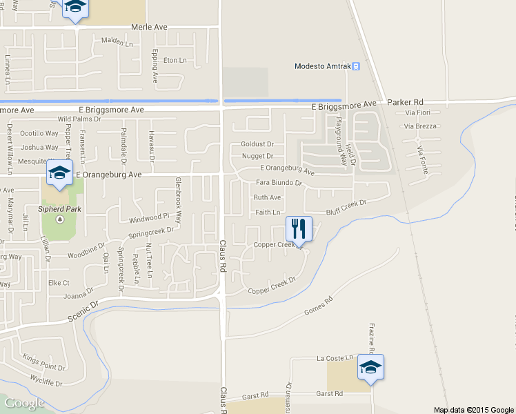 map of restaurants, bars, coffee shops, grocery stores, and more near 1204 Pietriana Way in Modesto