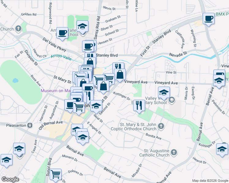 map of restaurants, bars, coffee shops, grocery stores, and more near in Pleasanton